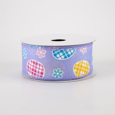 1.5" Satin Gingham Easter Eggs Ribbon: Lavender (10 Yards)