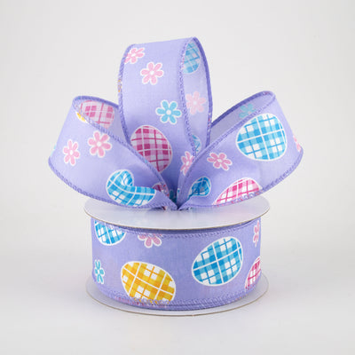 1.5" Satin Gingham Easter Eggs Ribbon: Lavender (10 Yards)