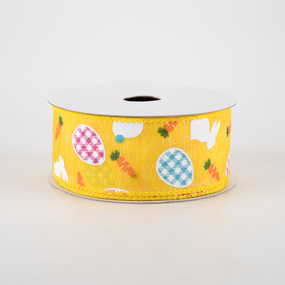 1.5" Linen Gingham Eggs and Bunnies Ribbon: Yellow (10 Yards)