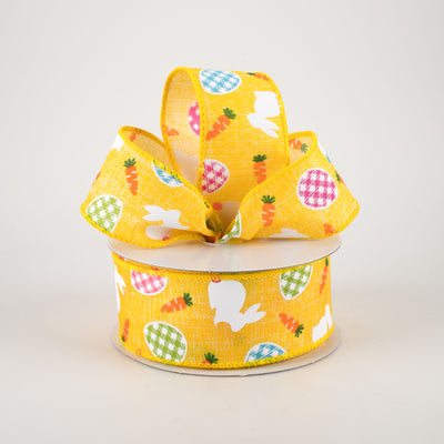 1.5" Linen Gingham Eggs and Bunnies Ribbon: Yellow (10 Yards)