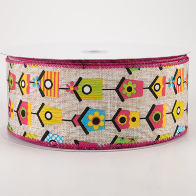2.5" Linen Bright Birdhouses Ribbon: Natural (50 Yards)