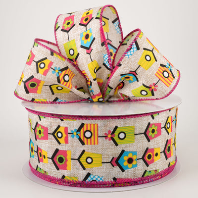 2.5" Linen Bright Birdhouses Ribbon: Natural (50 Yards)