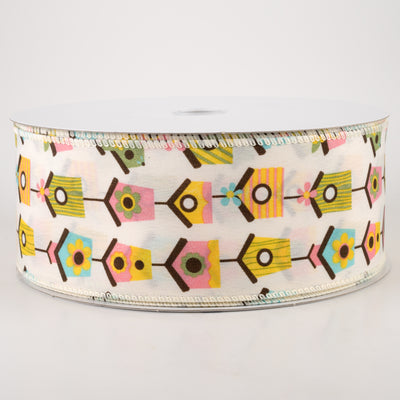 2.5" Linen Vintage Birdhouses Ribbon: Ivory (50 Yards)