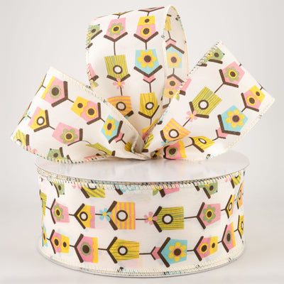 2.5" Linen Vintage Birdhouses Ribbon: Ivory (50 Yards)