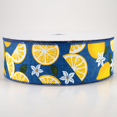 2.5" Linen Lemons & Flowers Ribbon: Royal Blue (50 Yards)