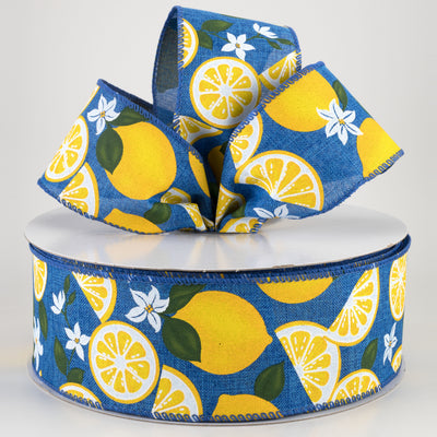 2.5" Linen Lemons & Flowers Ribbon: Royal Blue (50 Yards)