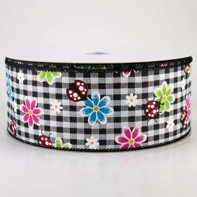 2.5" Bright Daisies and Ladybugs Ribbon: Black & White Gingham (50 Yards)