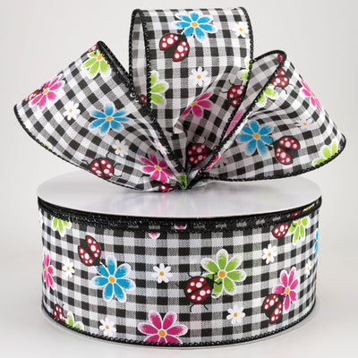 2.5" Bright Daisies and Ladybugs Ribbon: Black & White Gingham (50 Yards)