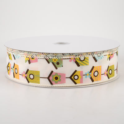 1.5" Linen Vintage Birdhouses Ribbon: Ivory (50 Yards)