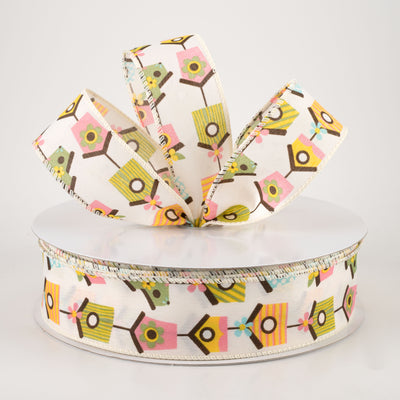 1.5" Linen Vintage Birdhouses Ribbon: Ivory (50 Yards)