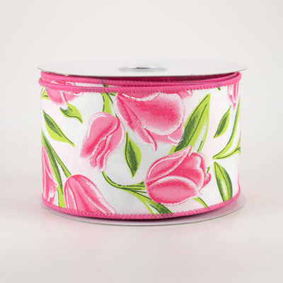 2.5" Tulips Ribbon: White & Pink (10 Yards)
