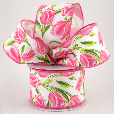 2.5" Tulips Ribbon: White & Pink (10 Yards)