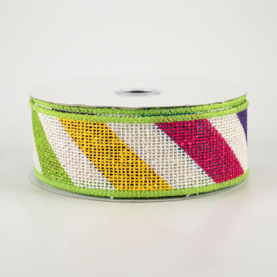 1.5" Large Diagonal Stripe Ribbon: Off White & Multi Brights (10 Yards)
