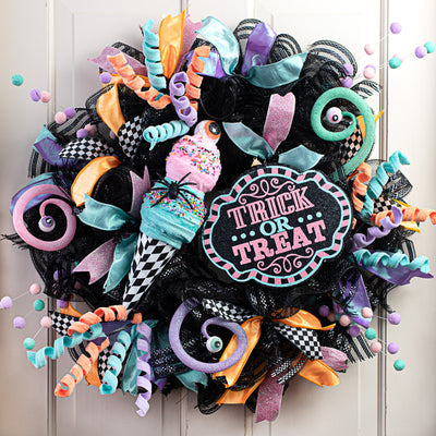 12" Harlequin Halloween Ice Cream Cone: Pink & Mint
