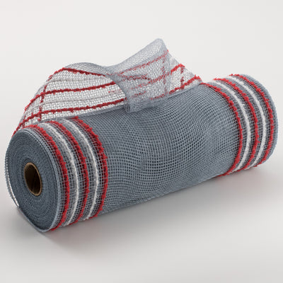 10" Border Stripe Snowdrift Mesh: Grey, Red, White
