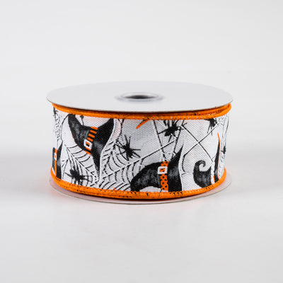 1.5" Witch Hats and Spiders Ribbon: White (10 Yards)