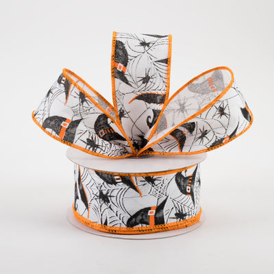 1.5" Witch Hats and Spiders Ribbon: White (10 Yards)
