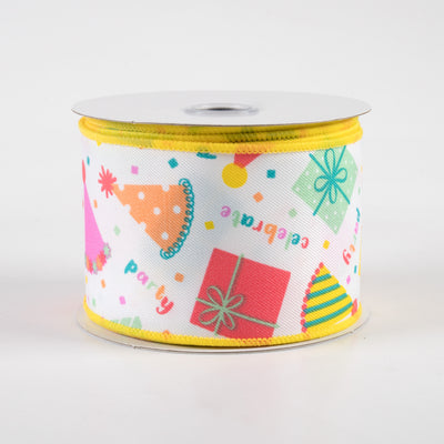 2.5" Happy Birthday Party Hats & Gifts Ribbon: White, Peach, Teal, Pink (10 Yards)