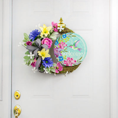 12" Metal Sign: Welcome Hummingbird Florals