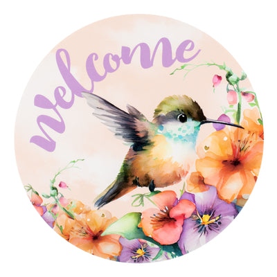 9.4" Round Waterproof Sign: Baby Hummingbird Welcome Purple