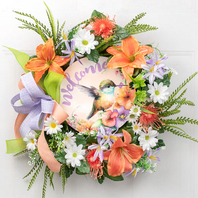 9.4" Round Waterproof Sign: Baby Hummingbird Welcome Purple