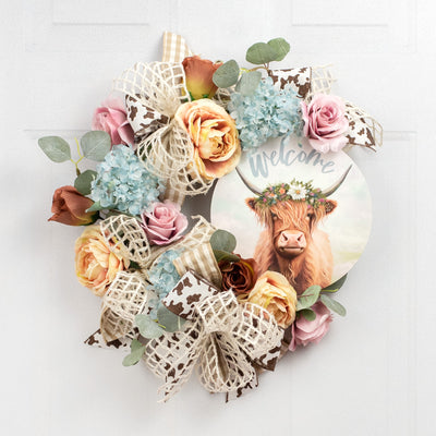 9.4" Round Waterproof Sign: Welcome Floral Highland Cow