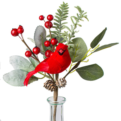 10" Berry, Eucalyptus, Pinecone Bird Pick: Red