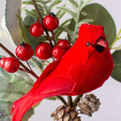 10" Berry, Eucalyptus, Pinecone Bird Pick: Red