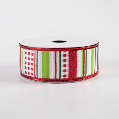 1.5" Satin Glitter Stripe Metallic Edge Ribbon: Green, Lime, Red (10 Yards)