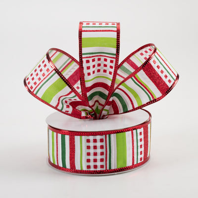 1.5" Satin Glitter Stripe Metallic Edge Ribbon: Green, Lime, Red (10 Yards)