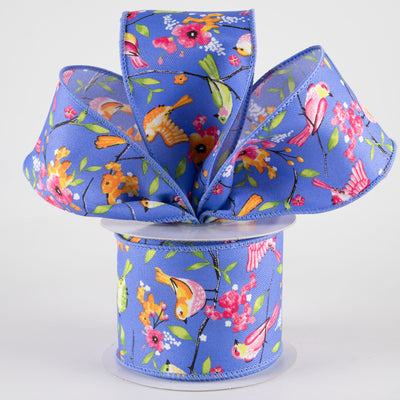 2.5" Birds With Floral Branches Ribbon: Medium Blue, Pink, Orange (10 Yards)