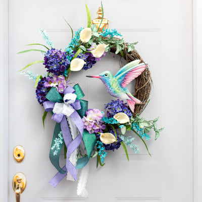 12" Metal Embossed Sign: Green & Pink Hummingbird