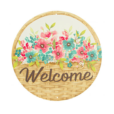 8" Metal Sign: Welcome Flower Basket