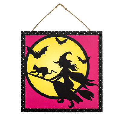 10" Square Wooden Sign: Witch Flying in Moon on Pink