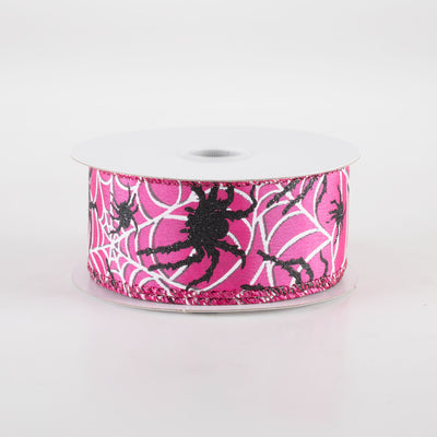 1.5" Spider & White Spiderwebs Ribbon: Fuchsia Pink (10 Yards)