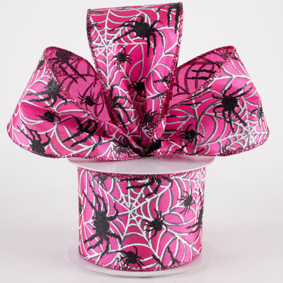 2.5" Spider & White Spiderwebs Ribbon: Fuchsia Pink (10 Yards)