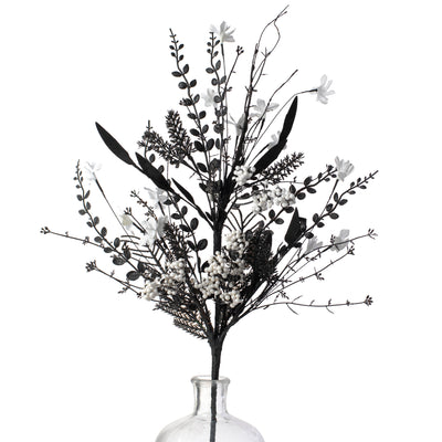 24" Fabric Flower, Leaf, Berry Spray: Black & White