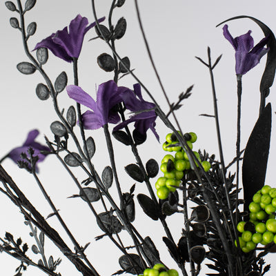24" Fabric Flower, Leaf, Berry Spray: Purple, Lime Green & Black