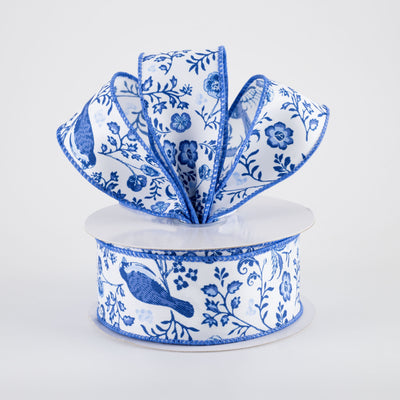 1.5" Chinoiserie Floral Ribbon: Blue & White (10 Yards)