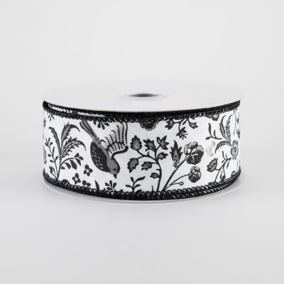 1.5" Chinoiserie Floral Ribbon: Black & White (10 Yards)