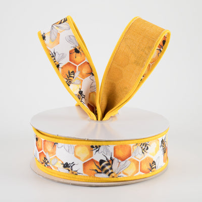 1.5" Double Sided Fused Honeycomb Bees Ribbon (10 Yards)