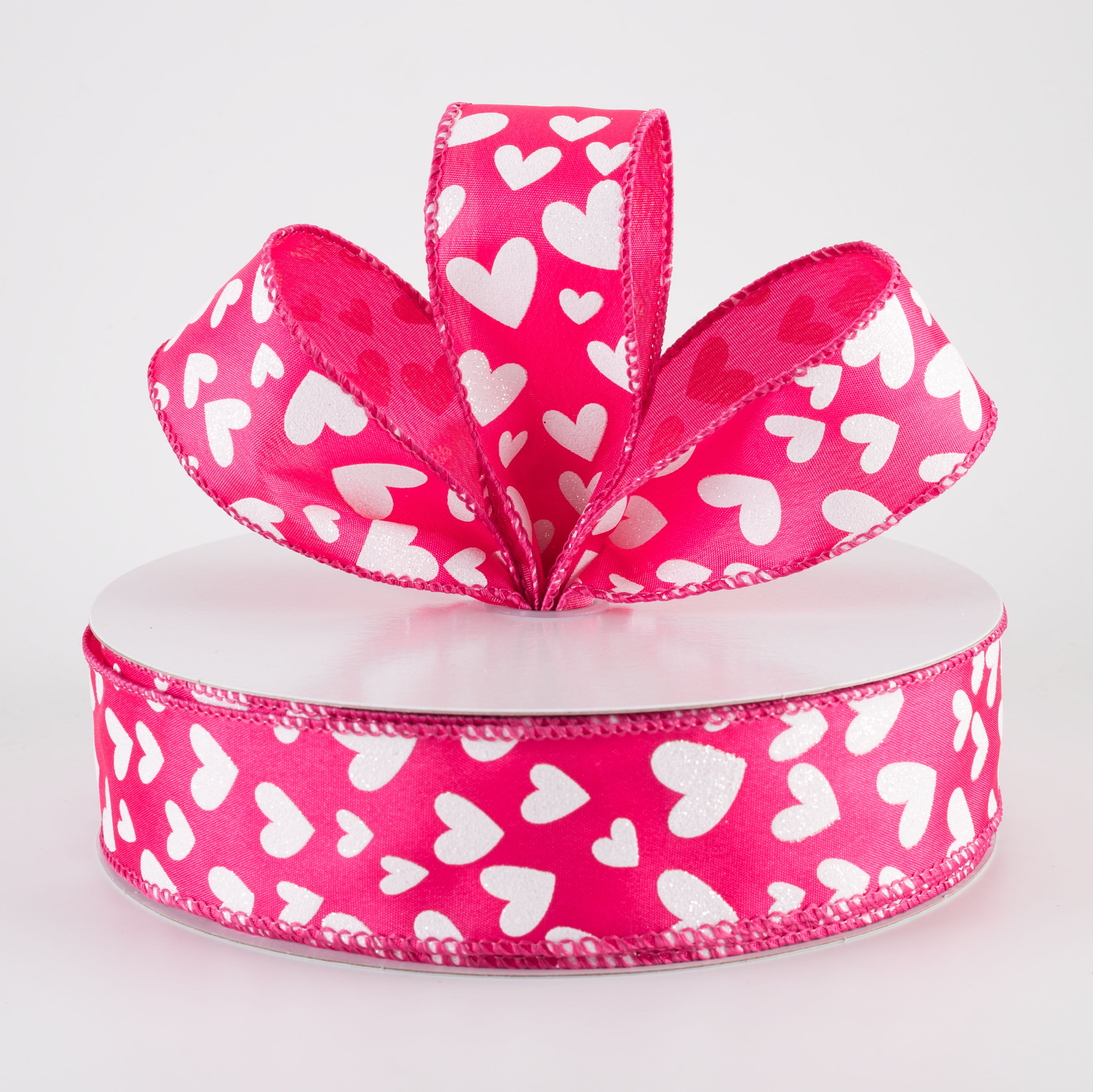 1.5" Satin Benson Hearts Ribbon: Fuchsia Pink & White (50 Yards)