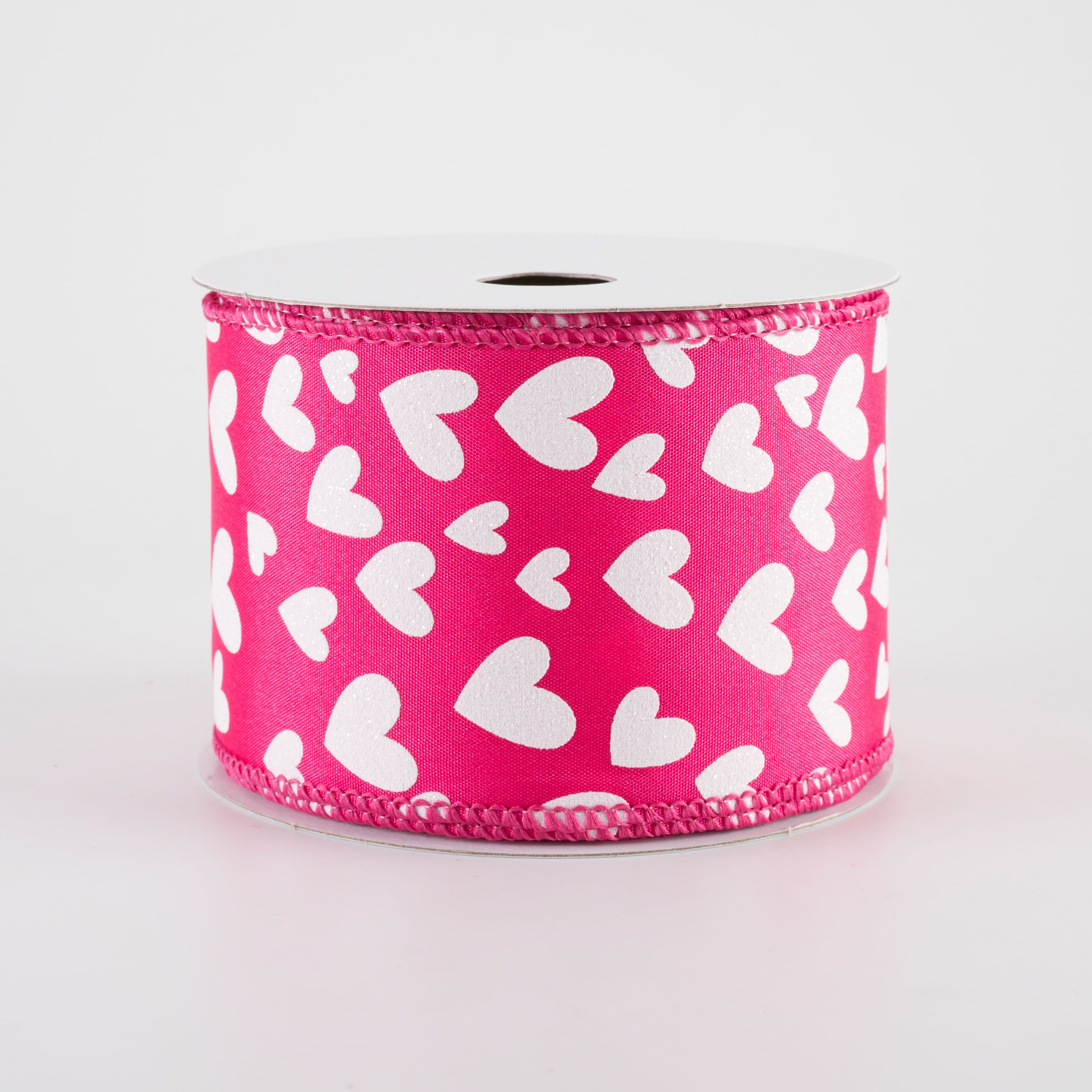 2.5" Satin Benson Hearts Ribbon: Fuchsia Pink & White (10 Yards)
