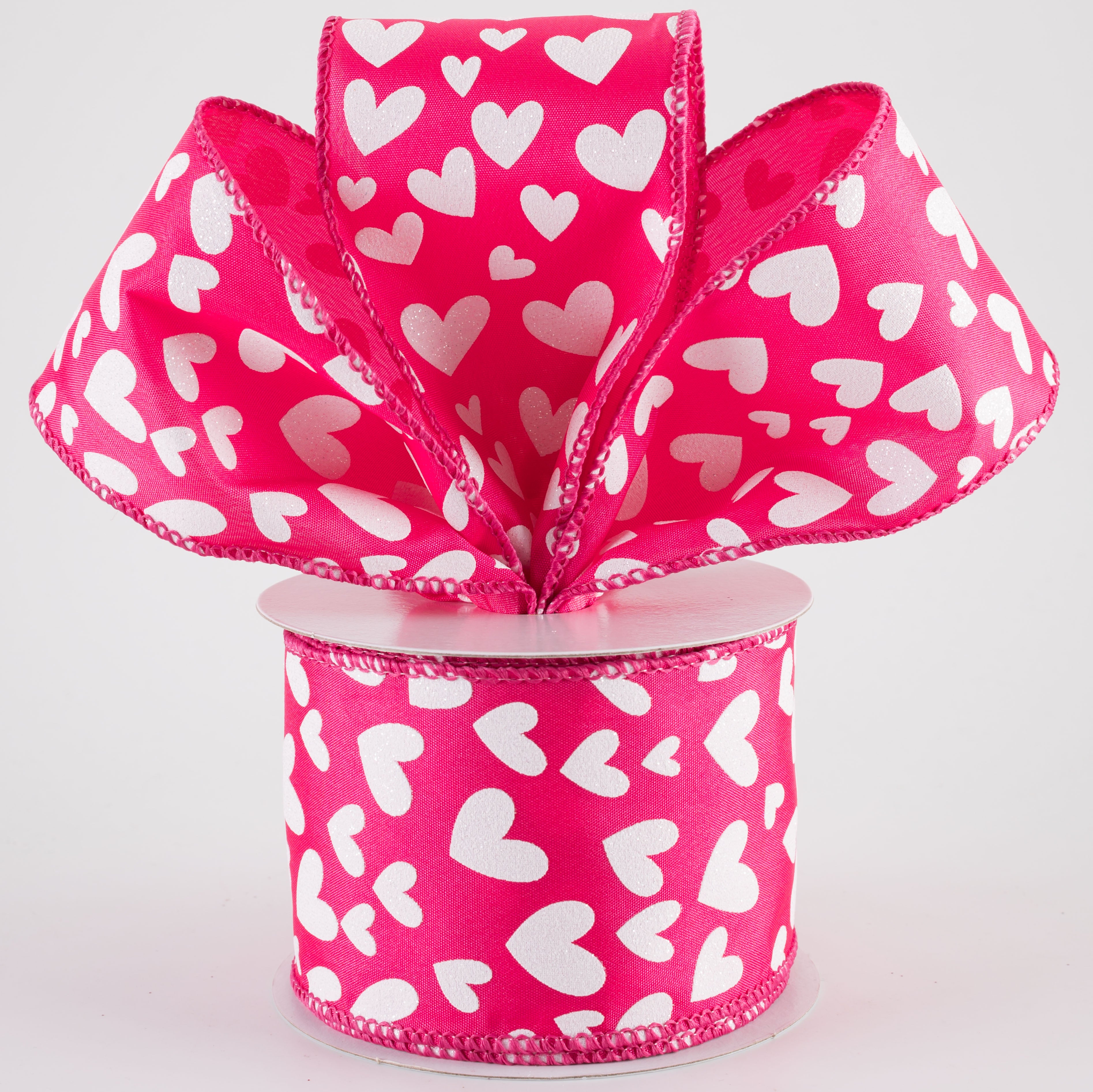 2.5" Satin Benson Hearts Ribbon: Fuchsia Pink & White (10 Yards)