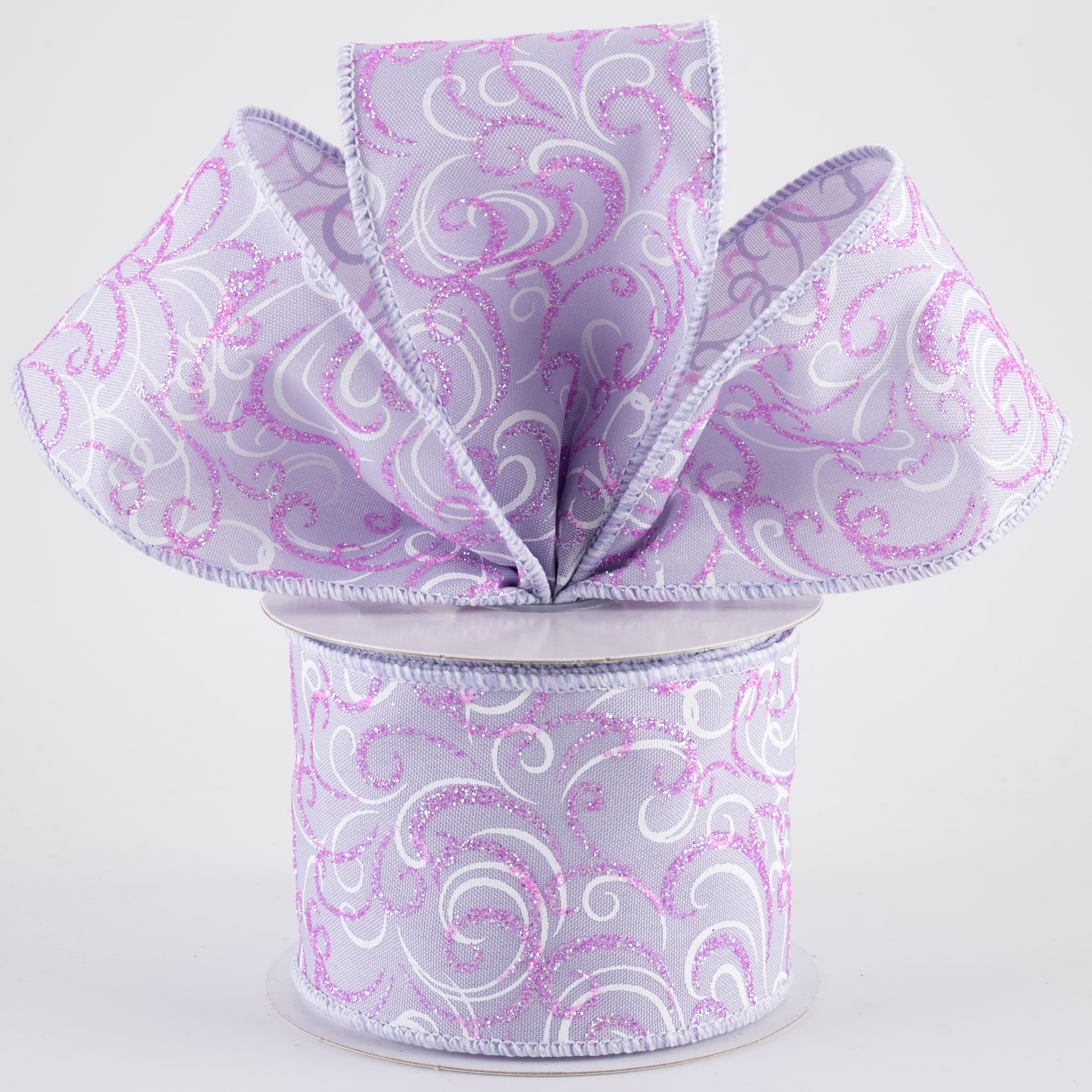 2.5" Glittered Multi Swirls Ribbon: Iridescent Pink & White on Lavender (10 Yards)