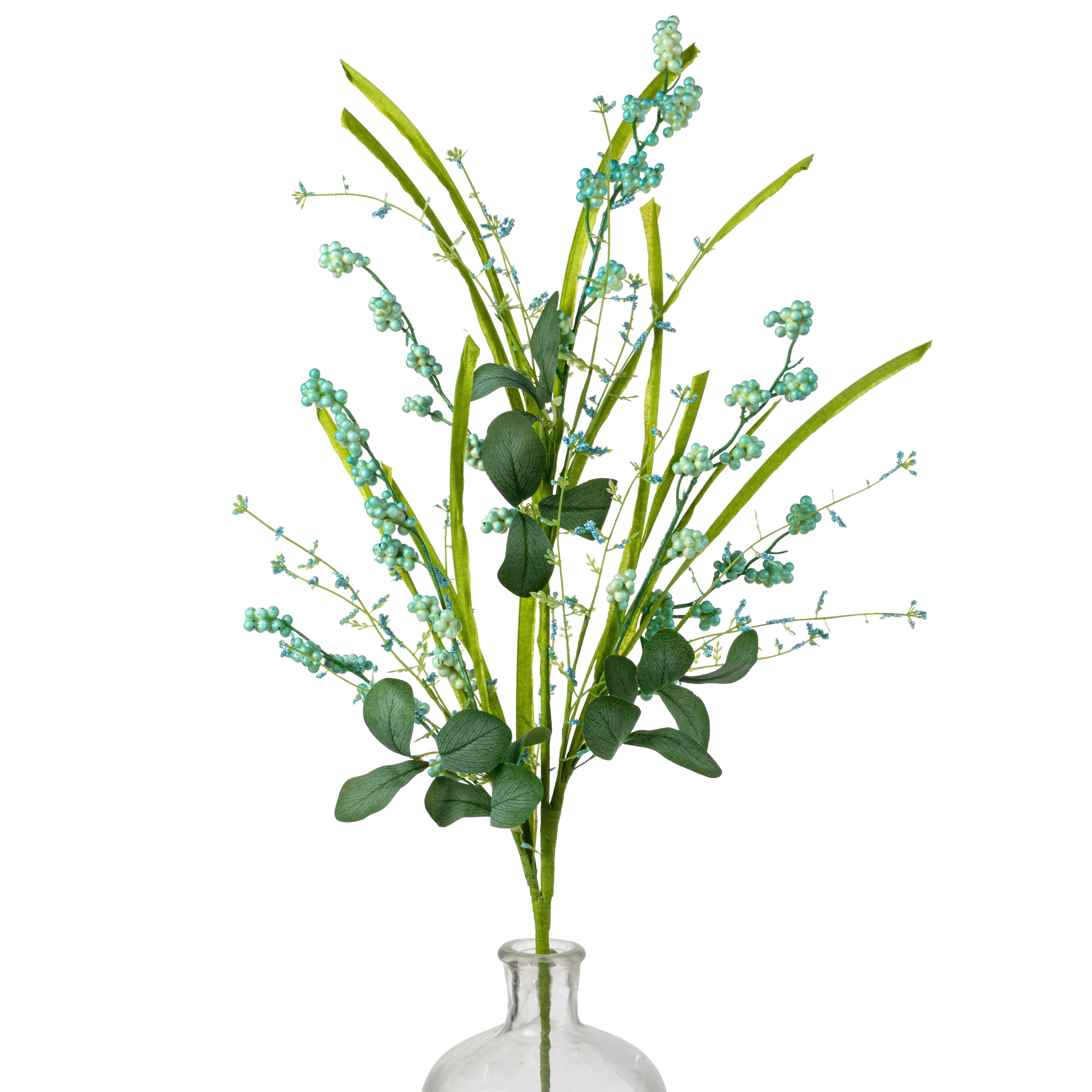 26" Mini Berry Clusters & Leaves Spray: Turquoise Blue