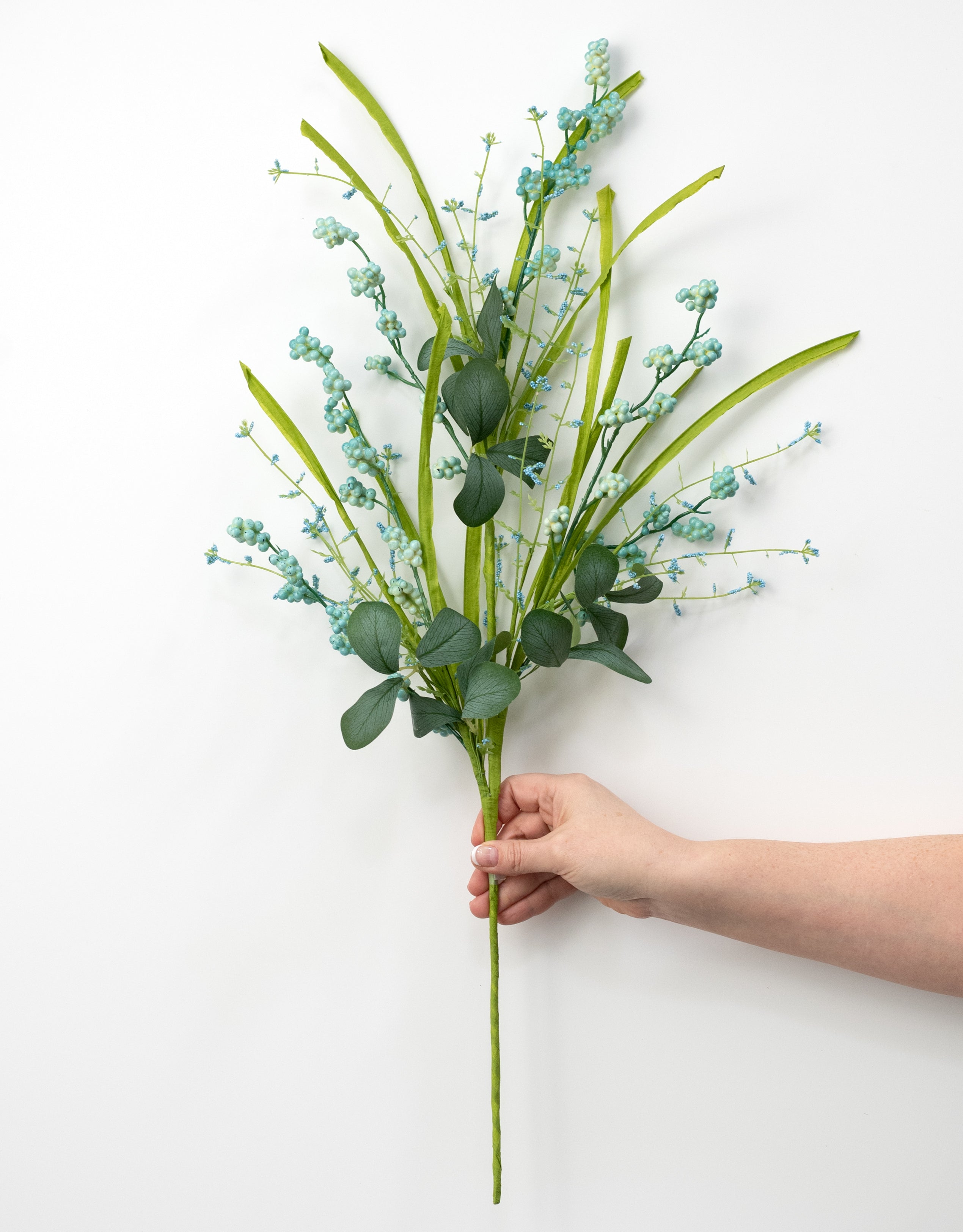26" Mini Berry Clusters & Leaves Spray: Turquoise Blue