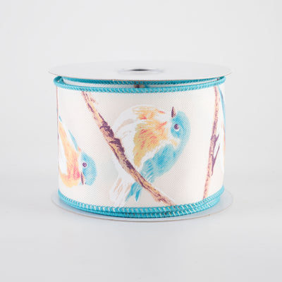 2.5" Chubby Turquoise & Orange Birds Ribbon: Ivory (10 Yards)