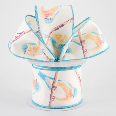 2.5" Chubby Turquoise & Orange Birds Ribbon: Ivory (10 Yards)