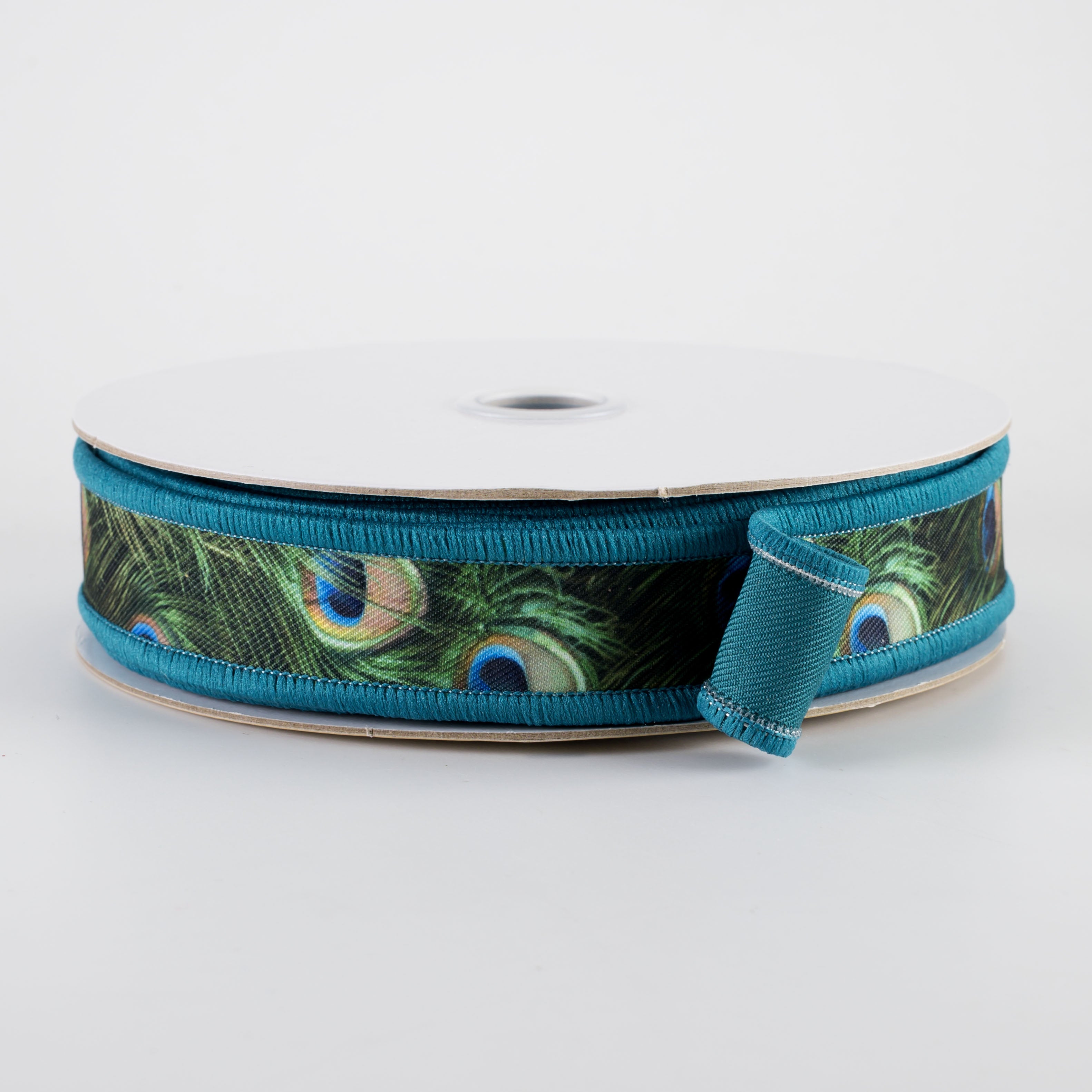 7/8" Double Sided Fused Peacock Feathers Ribbon (10 Yards)